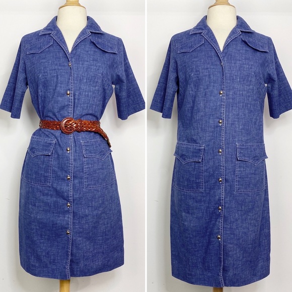 Vintage Dresses & Skirts - Vtg 70s lightweight denim button front dress M